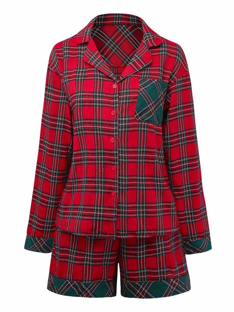 2PCS Rot 1930er Weihnachten Plaid Pyjama Set