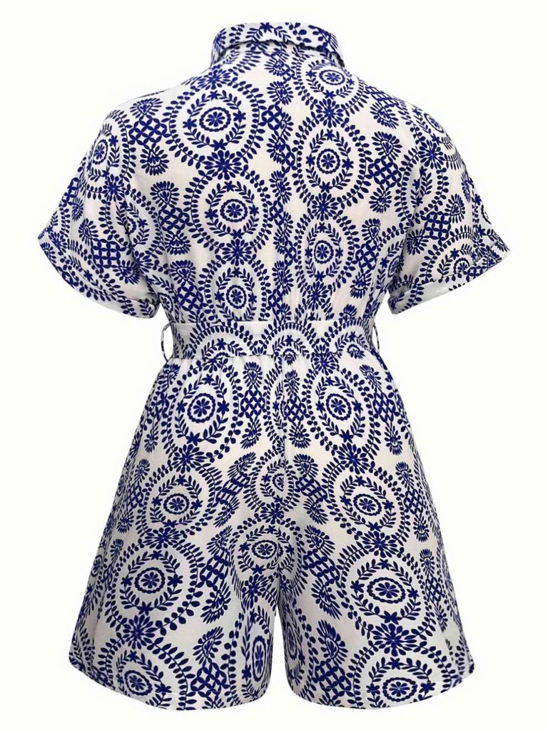 [Übergröße] Blau 1940er Porzellandruck Revers Romper