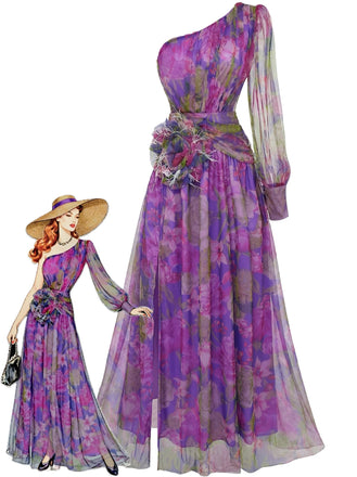 Lila 1930er Netz Eine Schulter 3D Blumen Abend Kleid