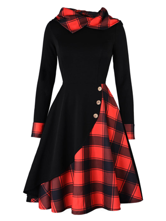 1950er Schwarz Plaid Kleid mit Kapuze und Knopf
