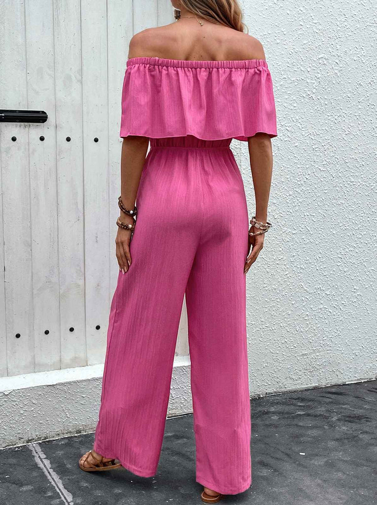 Rosa 1960er Solide Schulterfrei Weites Bein Jumpsuit