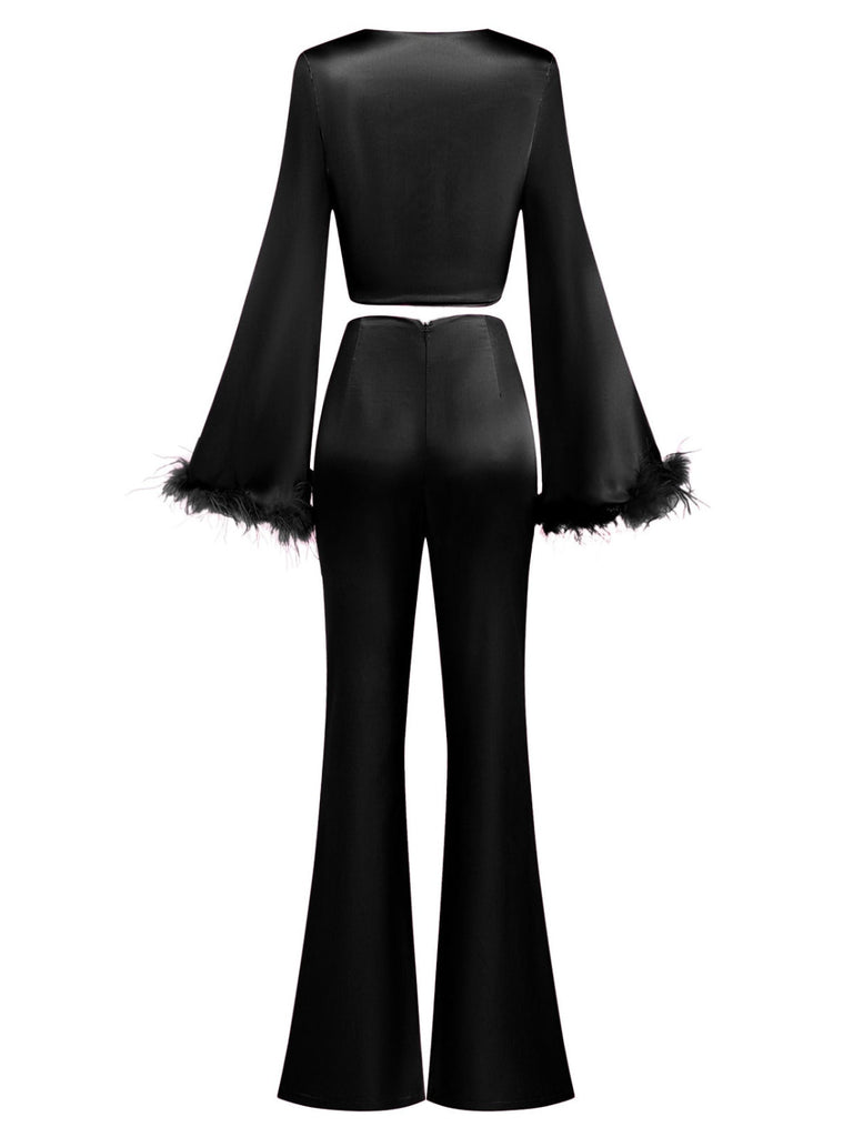 2PCS 1970er Feder Cuff Tie-Up Crop Top & Schlitz Hose