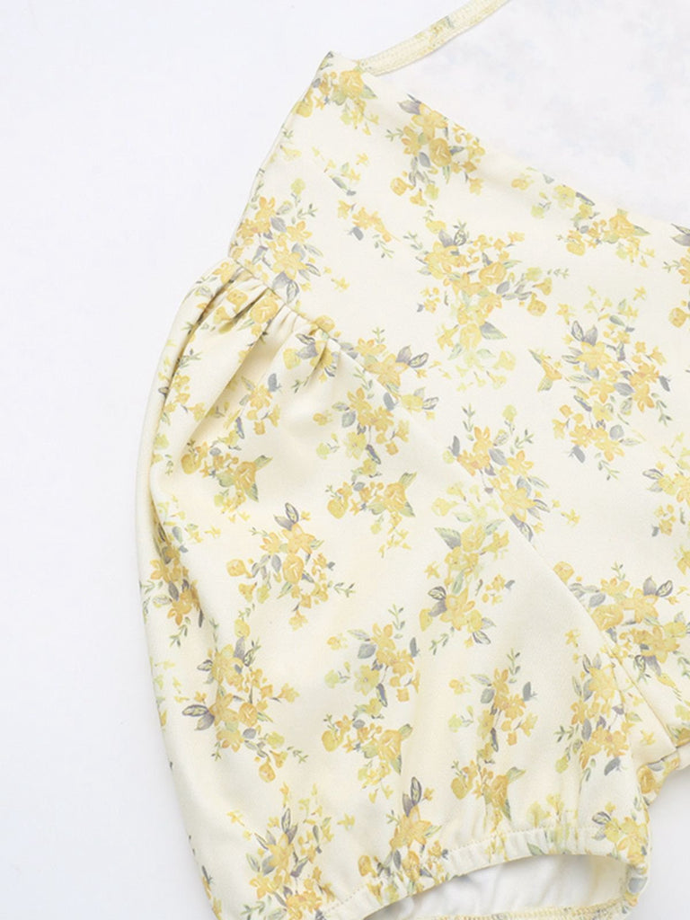 Gelb 1960er Blumen Puffärmel V-Ausschnitt Kleid