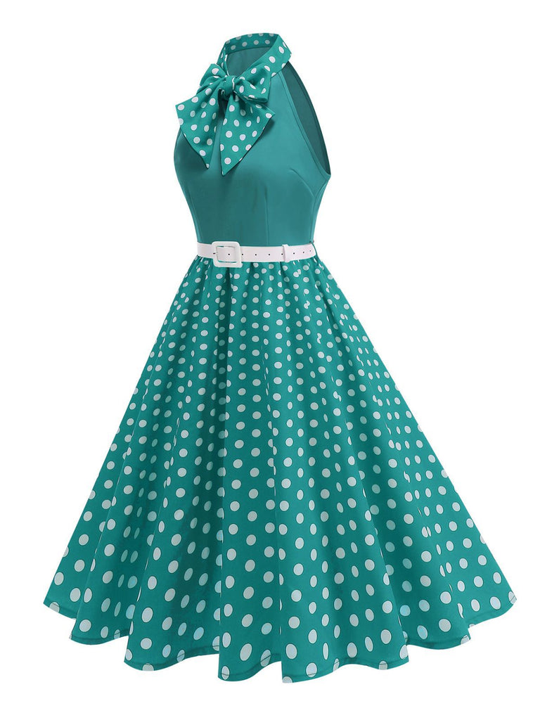 1950er Bogen Binde-Hals Polka Punkte Gürtel Kleid