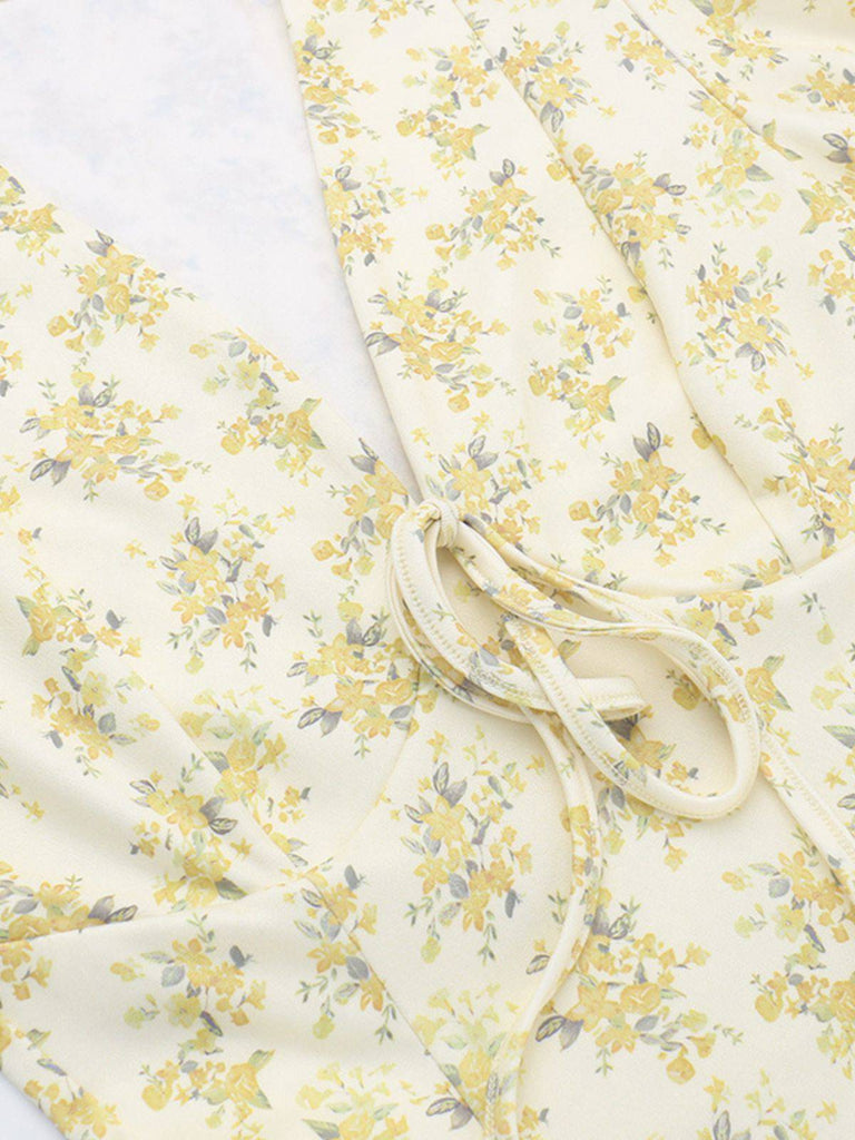 Gelb 1960er Blumen Puffärmel V-Ausschnitt Kleid