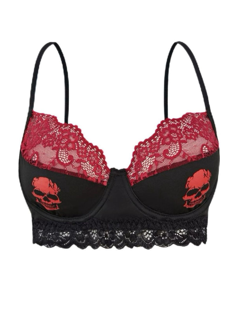 Schwarz 1980er Gothic Schädel Spitze Patchwork Crop Top