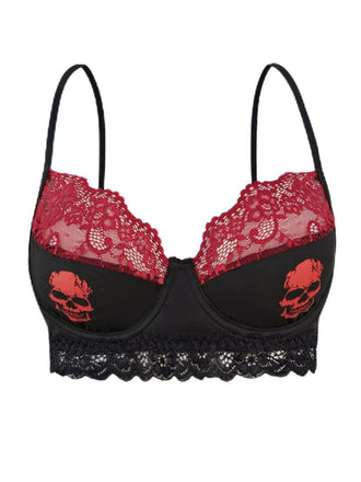 Schwarz 1980er Gothic Schädel Spitze Patchwork Crop Top