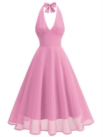 1950er Solide Halter V-Ausschnitt Netz Rückenfrei Kleid