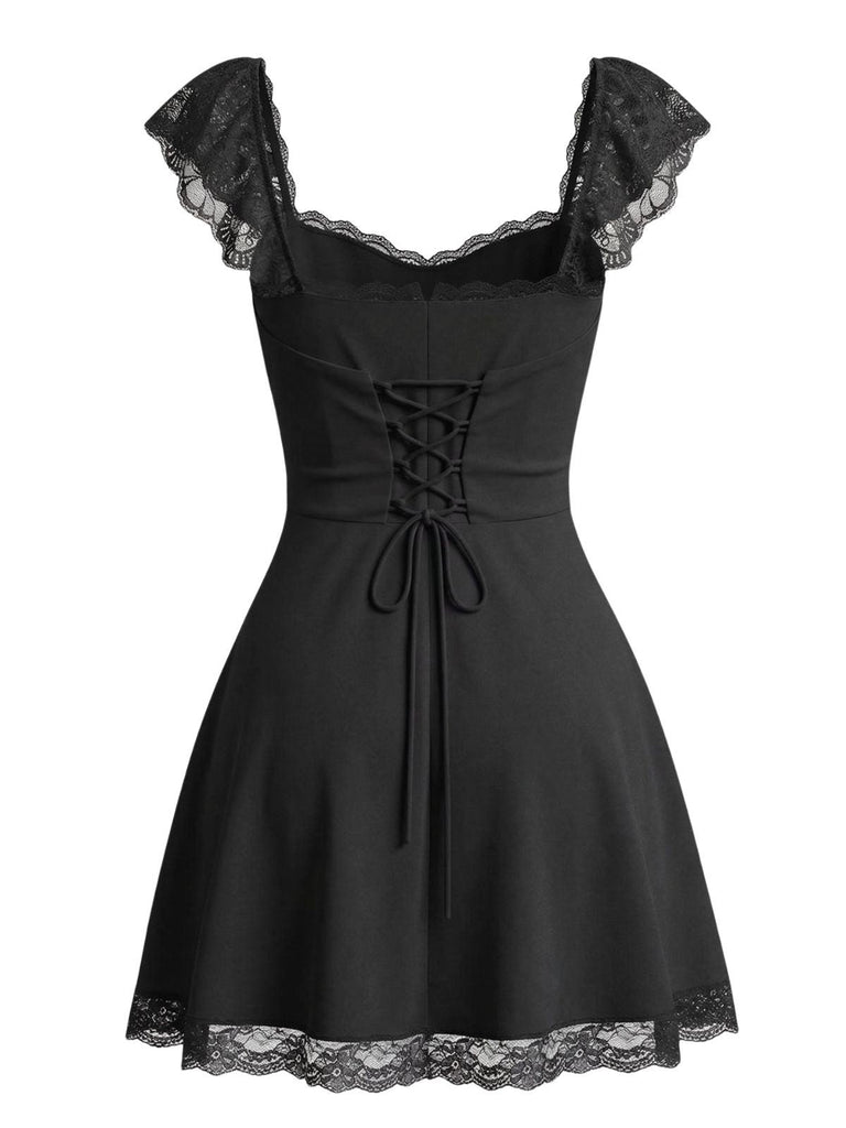 1960er Spitze Karree Ausschnitt Rückenfrei Kleid