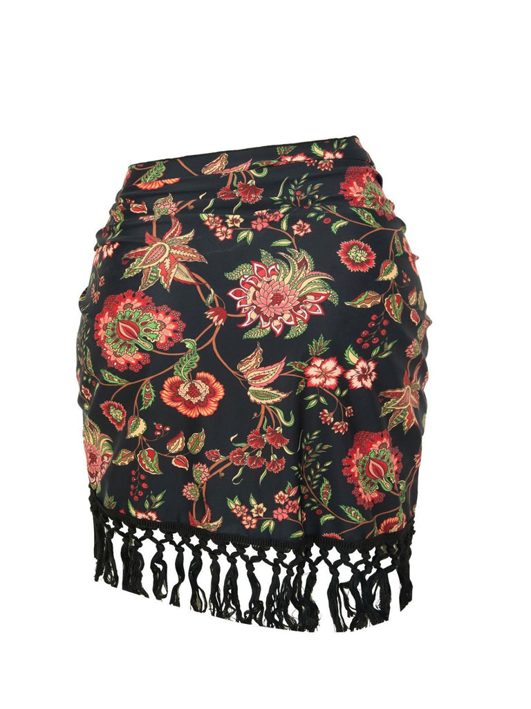 2PCS 1960er Tief V-Ausschnitt Fransen Badeanzug & Cover-Up