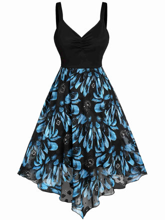 [Übergröße] Dunkelblau 1950er Feder Jacquard Asymmetrisch Kleid