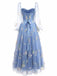 Blau 1930er Blumen Bestickt Netz Langarm Kleid