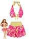Rosa 1960er Blumen Druck Bindefront Geschichtet Bikini Set