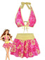 Rosa 1960er Blumen Druck Bindefront Geschichtet Bikini Set