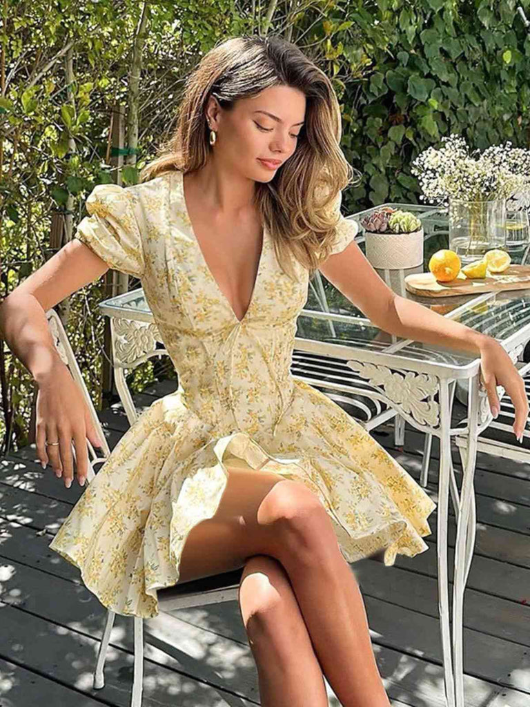Gelb 1960er Blumen Puffärmel V-Ausschnitt Kleid