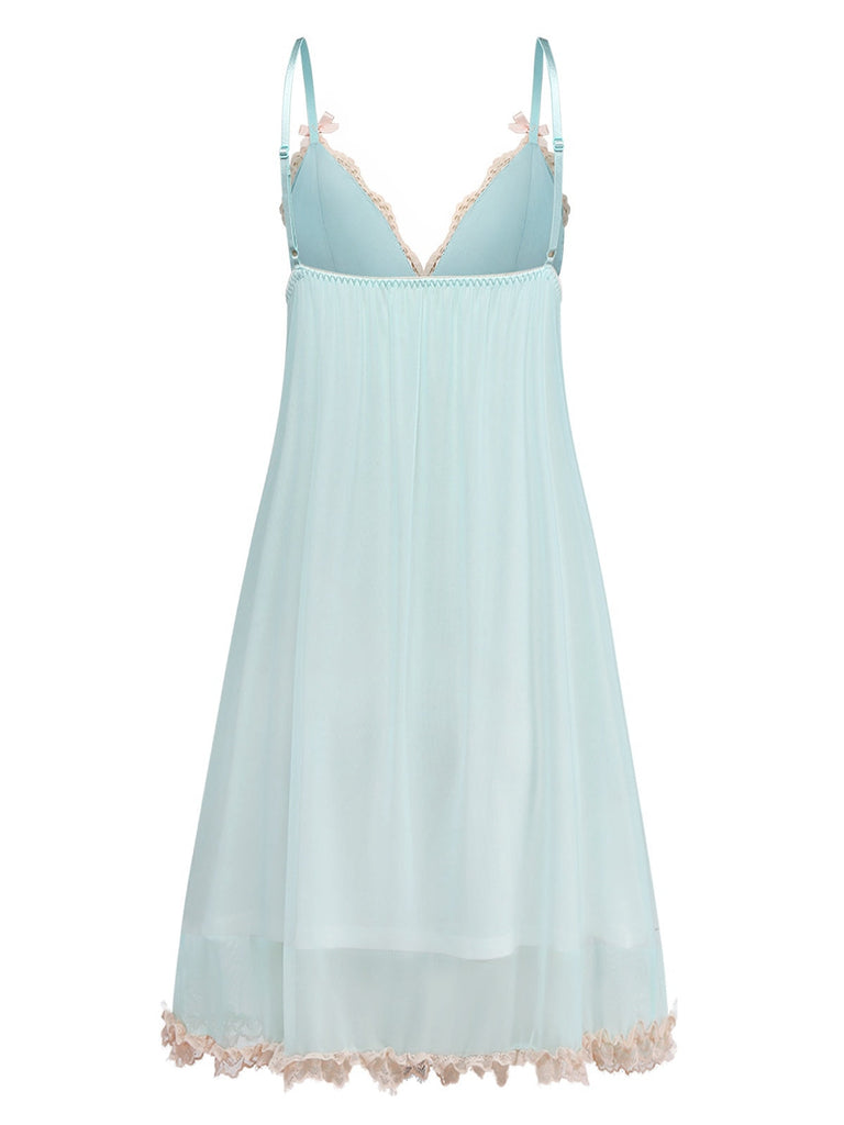 Grün 1960er Netz Spitze Patchwork Bogen Träger Nachthemd