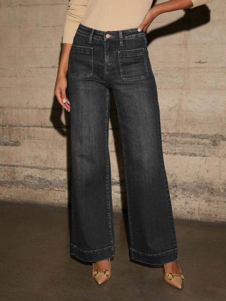 1960er Hohe Taille Weites Bein Patch Tasche Jeans