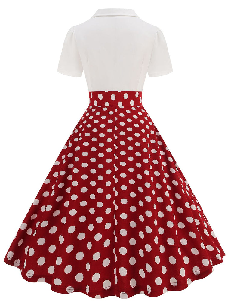 1950er Revers Polka Dots Patchwork Swing Kleid