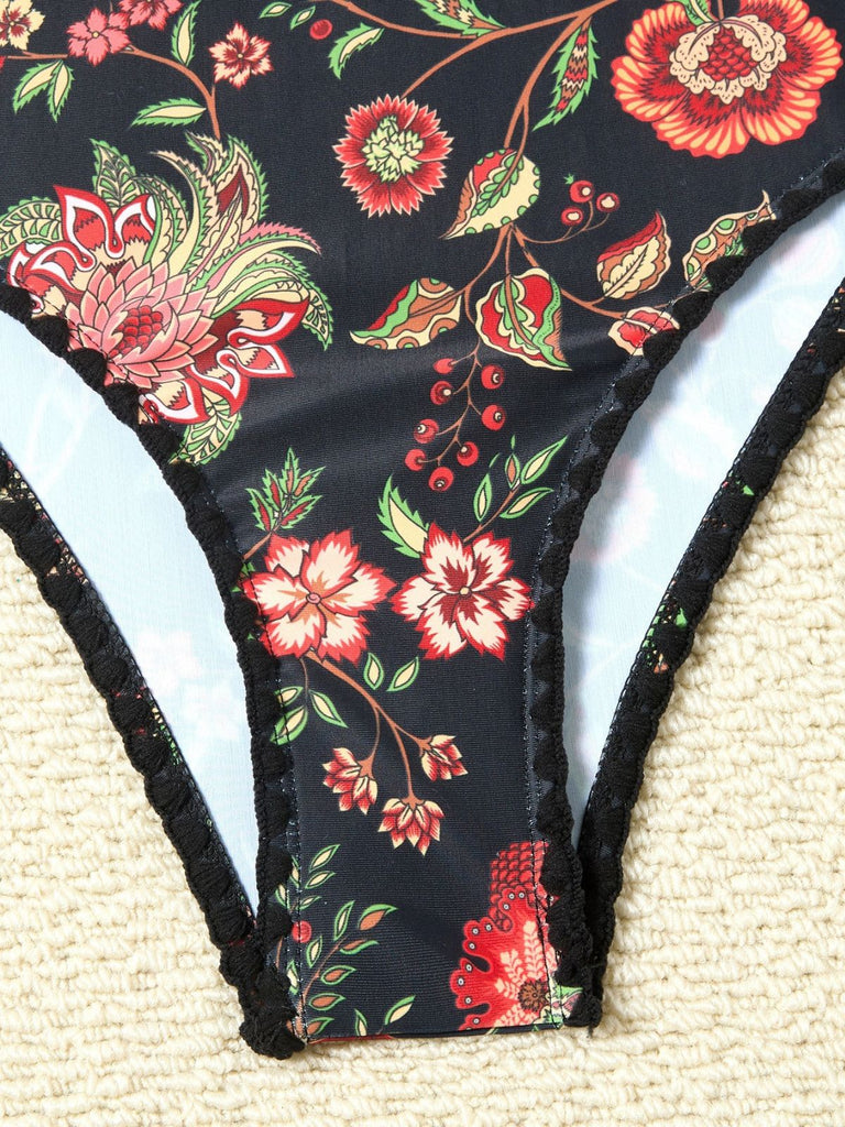 2PCS 1960er Tief V-Ausschnitt Fransen Badeanzug & Cover-Up