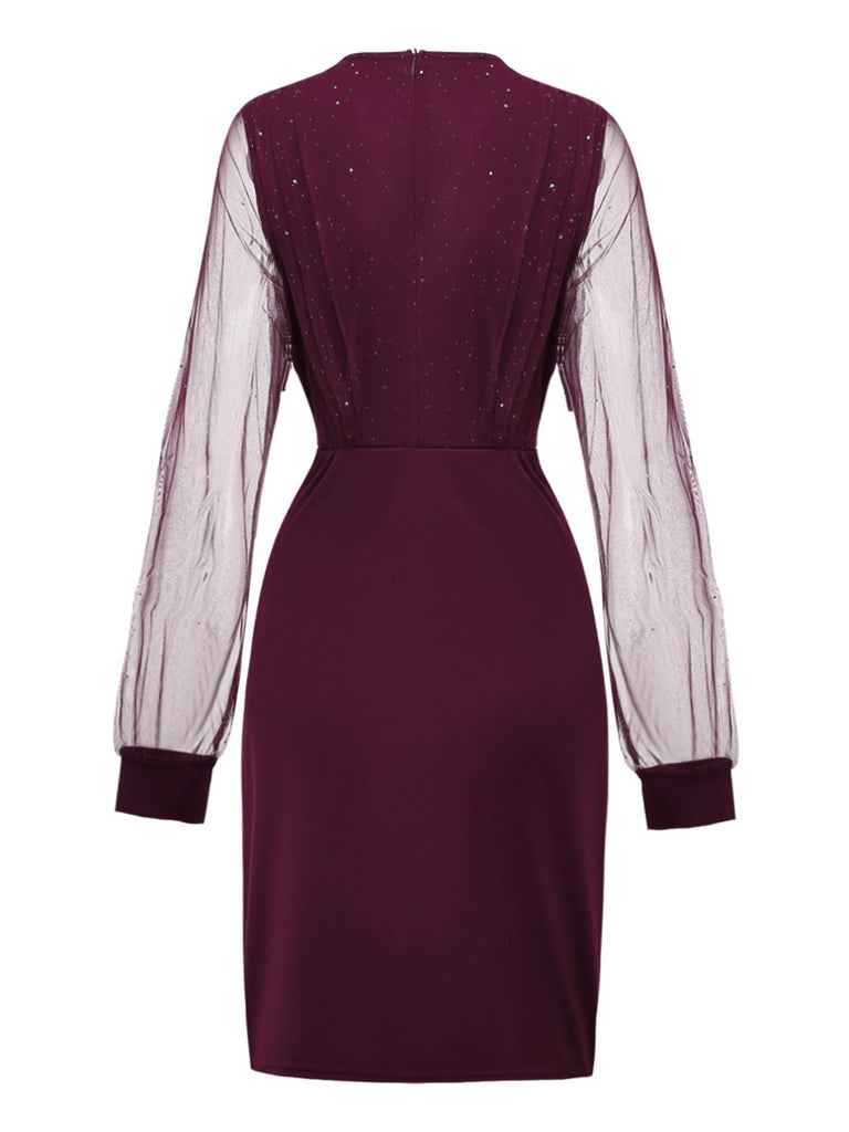 1960er Solide Glitzer V-Ausschnitt Netz Körperbetont Kleid