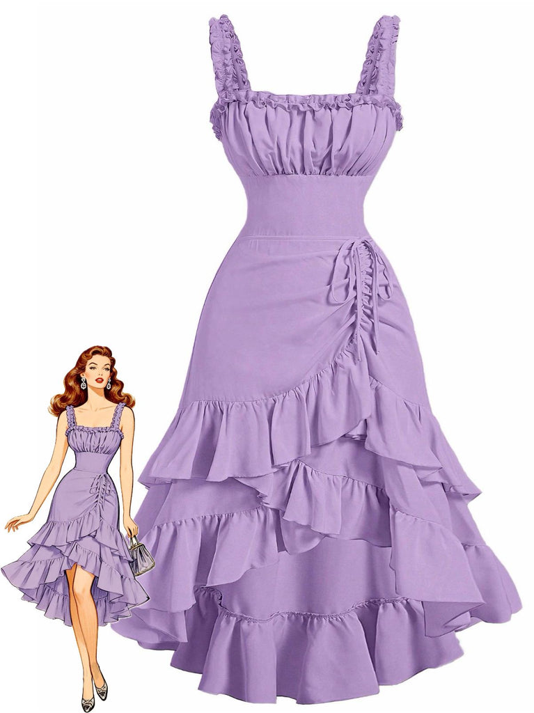 1950er Träger Gerafft Gestuft Rüschen Saum Kleid