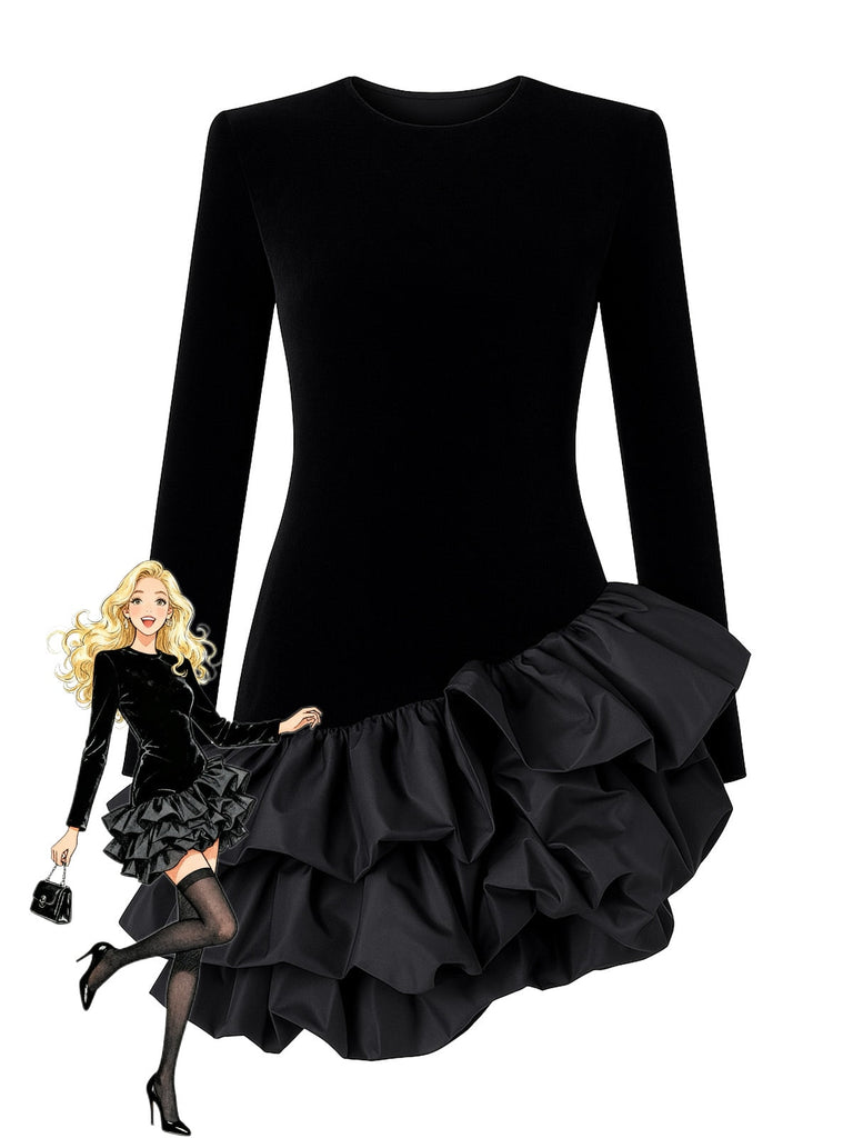 Schwarz 1980er Asymmetrisch Lagen Rüschensaum Samt Kleid