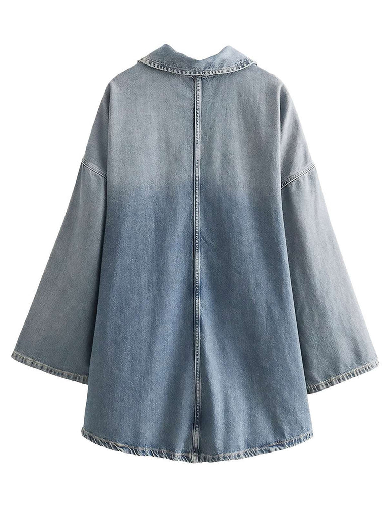 Blau 1970er Loose Revers Denim Kleid