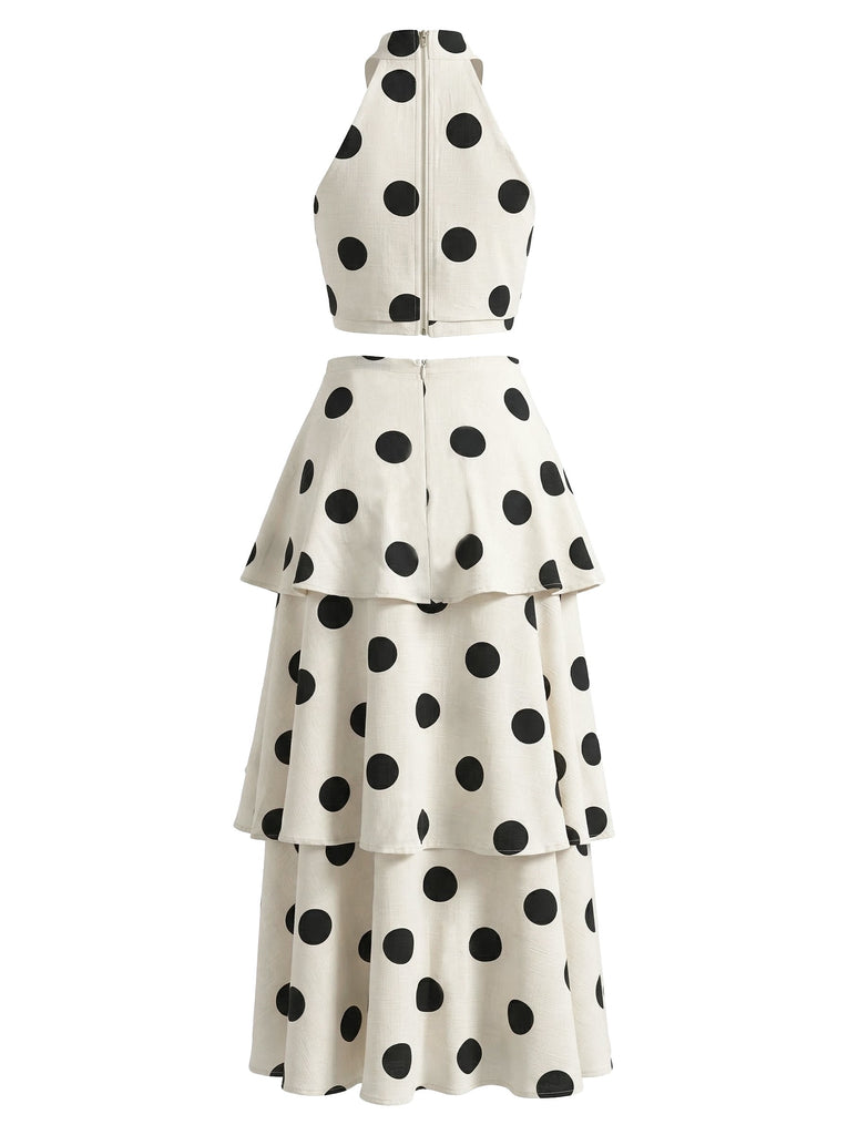 Beigefarbenes, ärmelloses Neckholder-Rock-Set im Stil der 1950er Jahre mit Blumenmuster und Polka-Dots – Vintage-Rock, Retro-Stil