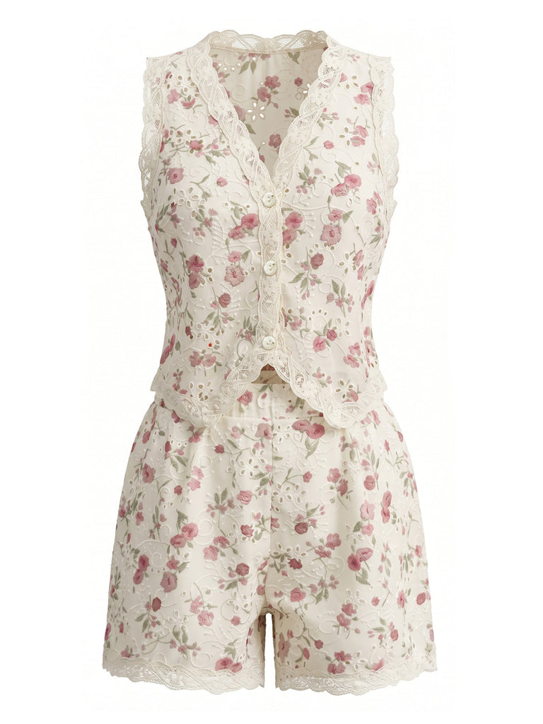 Beige 40er Top & Shorts mit Ditsy-Blumen und Patchwork