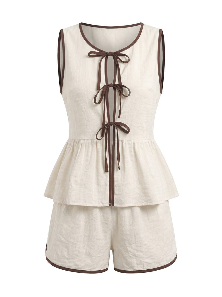 Beige 50er Shorts mit Vorderbindung und Weste