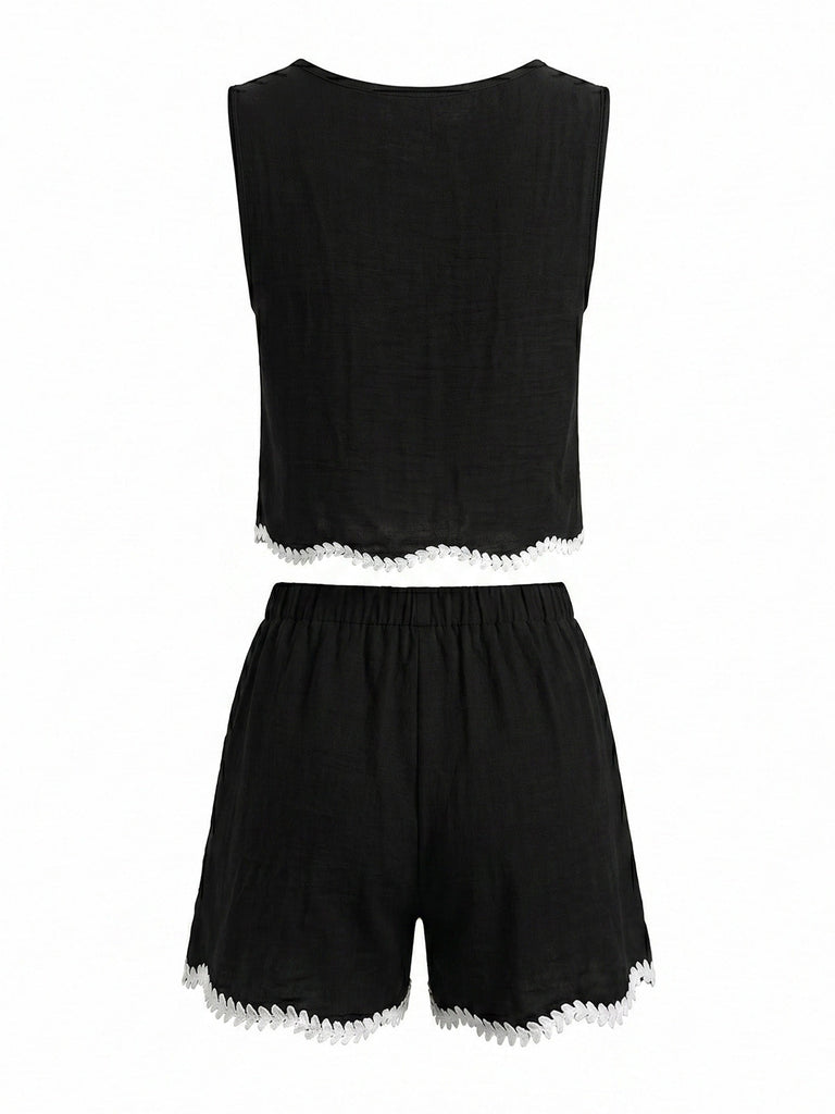 Schwarzes 50er Weste & Shorts Set mit Häkelarbeit und Besatz