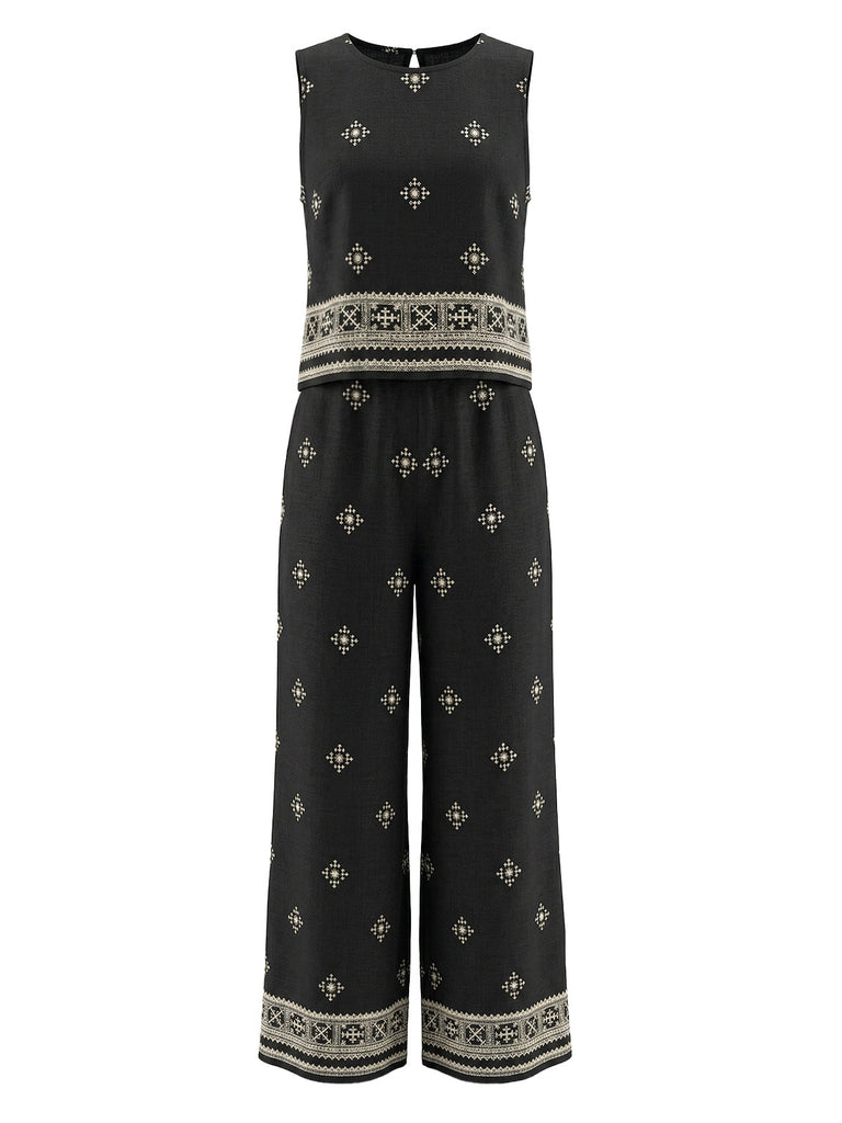 Schwarze 70er Bohemian Hose mit Runden und Nacken