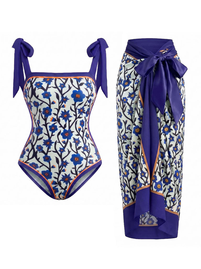 Blauer 50er Badeanzug & Cover-Up mit Blumen und Bindeband