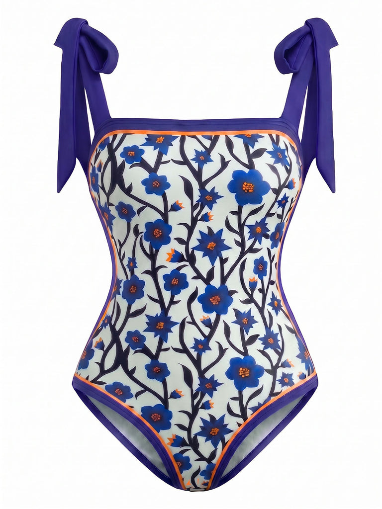 Blauer 50er Badeanzug & Cover-Up mit Blumen und Bindeband