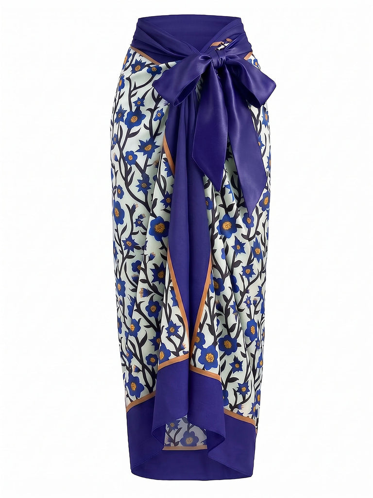 Blauer 50er Badeanzug & Cover-Up mit Blumen und Bindeband