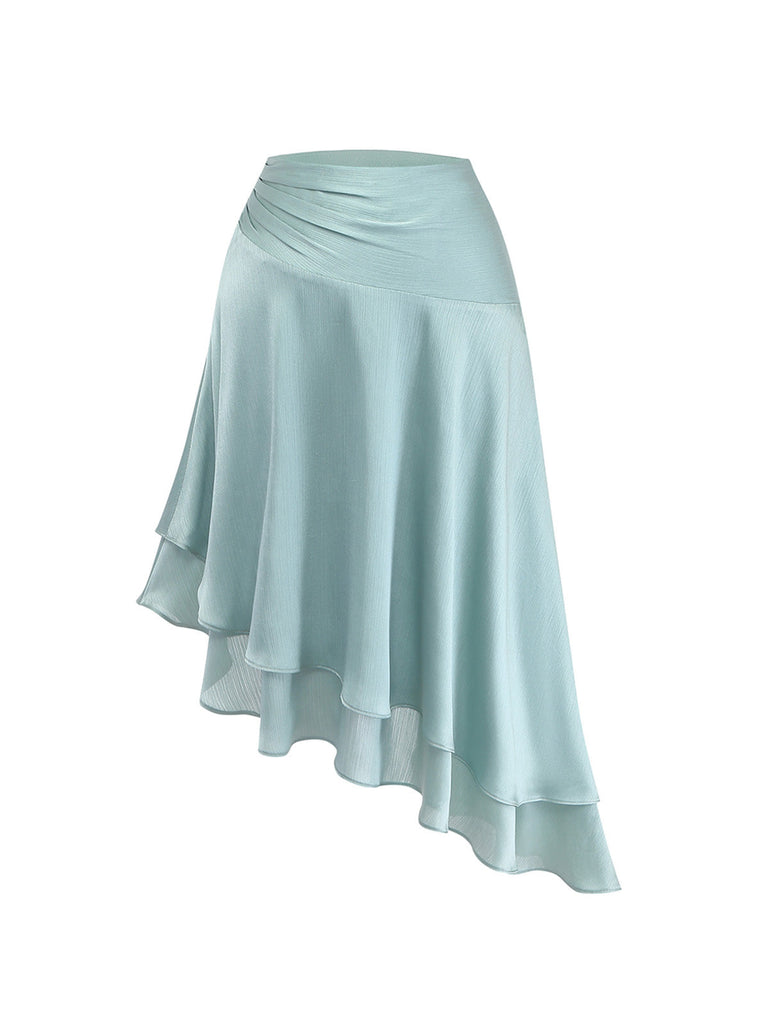 2-teiliger grüner, asymmetrischer Rock im Stil der 1960er Jahre mit Wellenmuster und Fischgrätenmuster