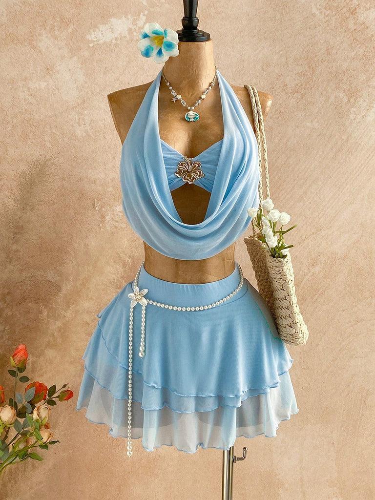 Hellblaues 80er Bikini-Set & Cover-Up mit Neckholder