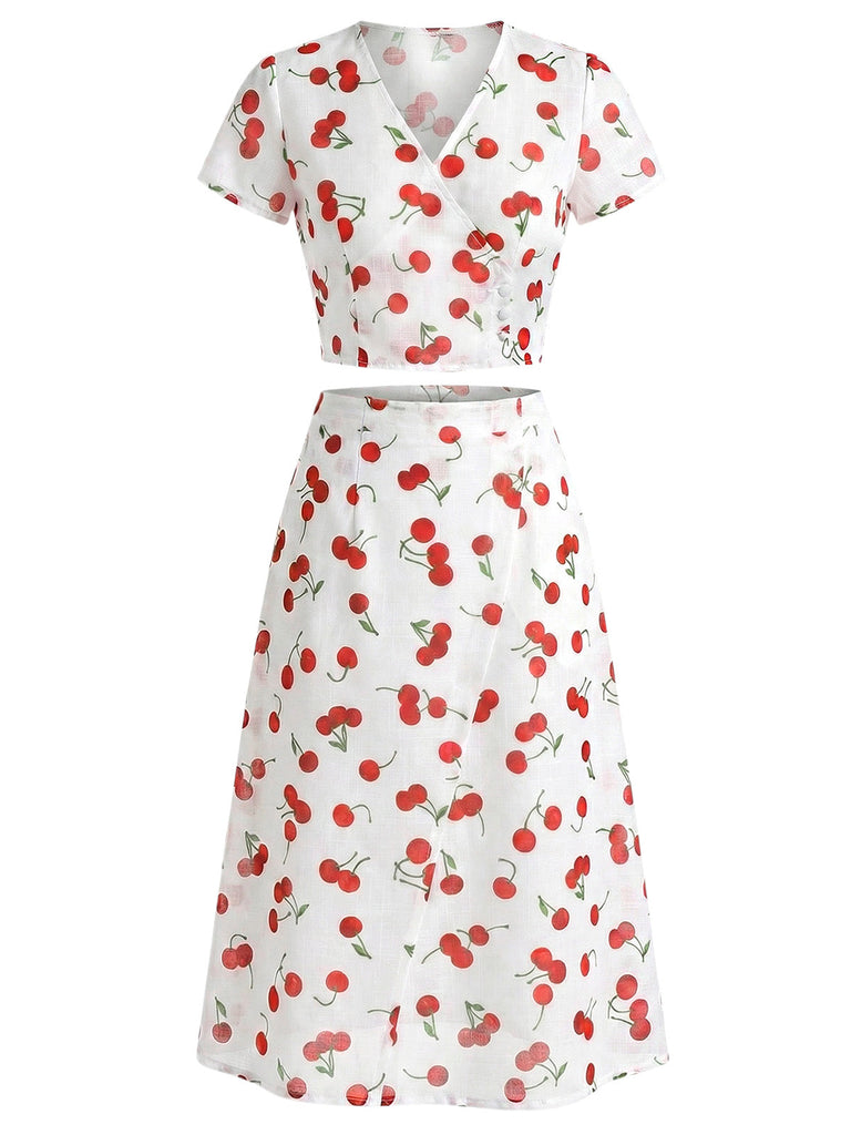 Roter 60er Top & Rock mit Kirschen und V-Ausschnitt