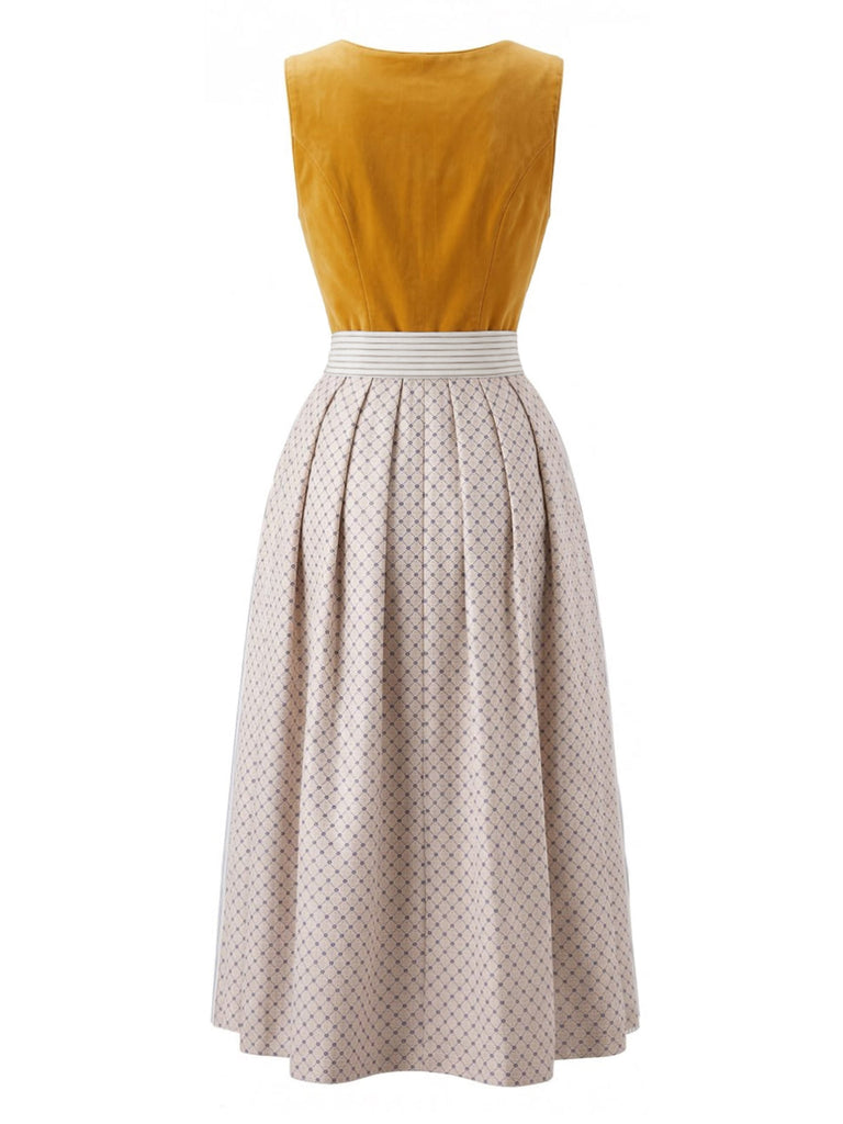 Gelbes 50er Kleid mit Eckiger Ausschnitt und Spitze