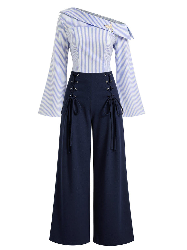 2PCS 1940er Streifen Bluse mit Perlenbrosche & Schnürung Hose