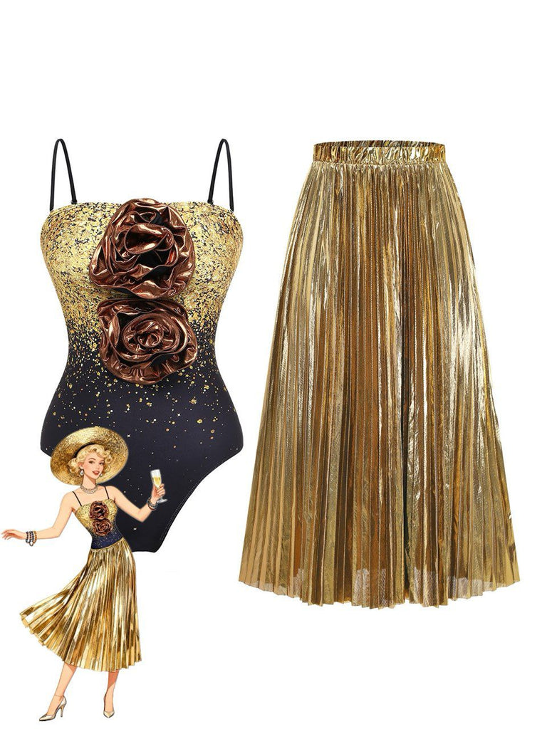 Goldfarbener Paillettenbody mit floralen Details und plissiertem goldenen Rock auf weißem Hintergrund