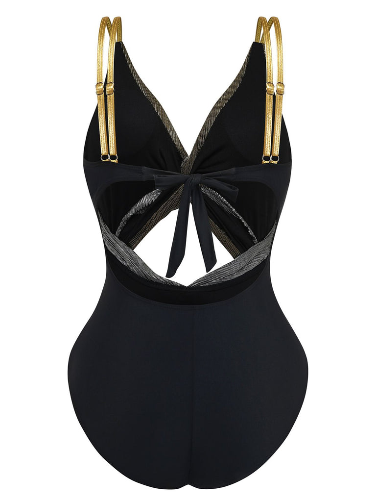 Silber 2PCS Metallic 1980er Plissiertes Cut-Out Badeanzug & Cover-Up