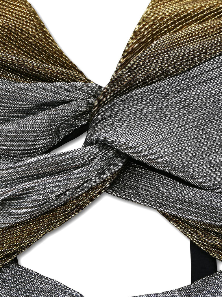 Silber 2PCS Metallic 1980er Plissiertes Cut-Out Badeanzug & Cover-Up