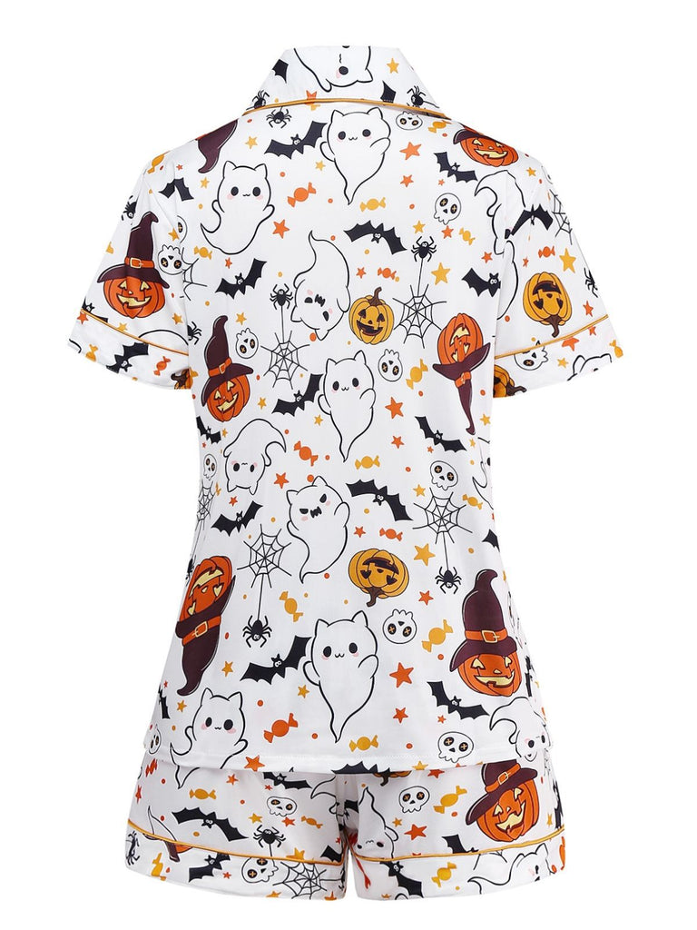 Weiß 1950er Halloween Kerbkragen Pyjama Set