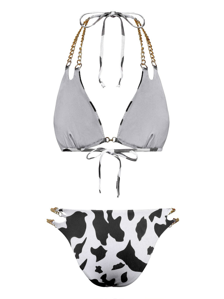 1970er Gerippte Kuh Muster Ketten Halter Bikini Set