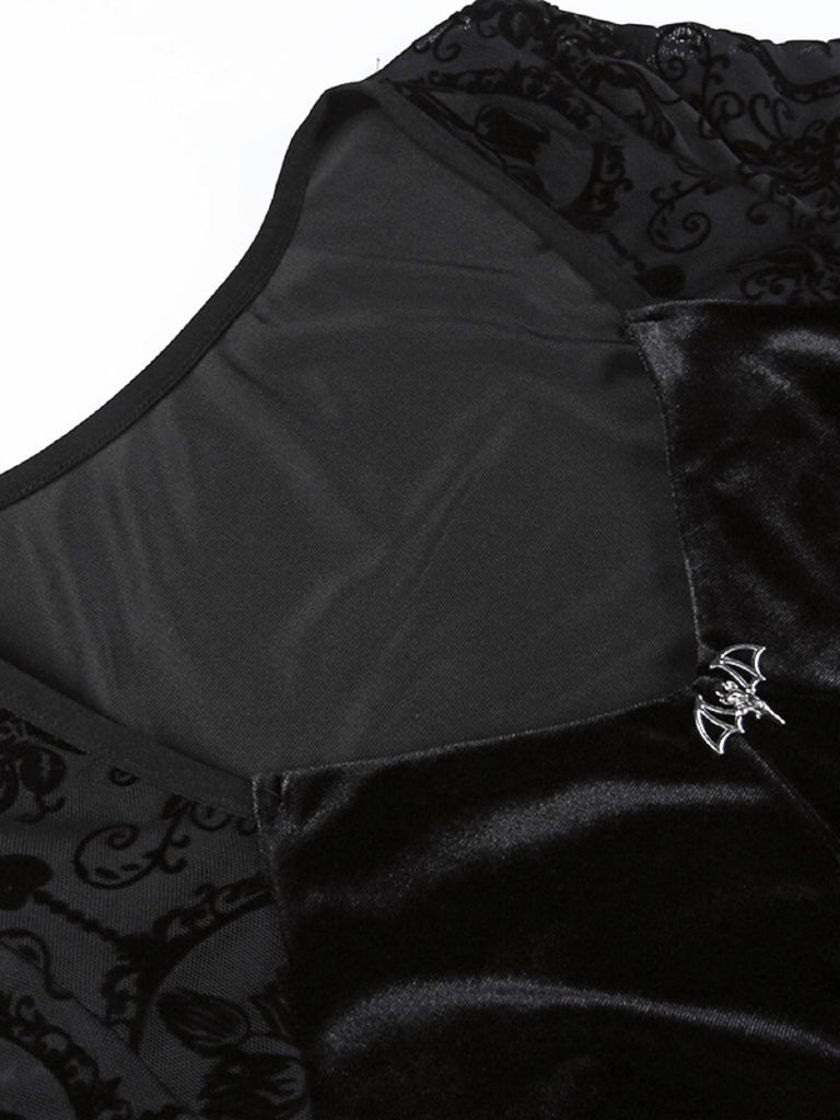 Schwarz 1960er Gothic Beflocktes Kleid