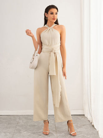 Beige 1950er Solide Schnürung Halter Gürtel Jumpsuit