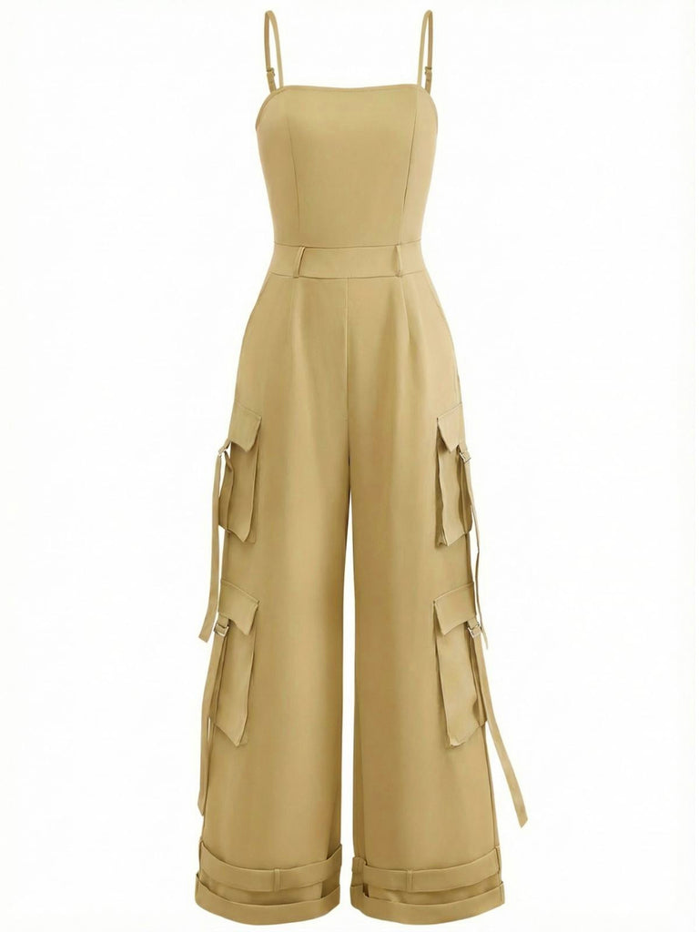 1970er Solide Spaghetti Träger Cargo Stil Weitbeinig Jumpsuit