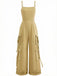 1970er Solide Spaghetti Träger Cargo Stil Weitbeinig Jumpsuit