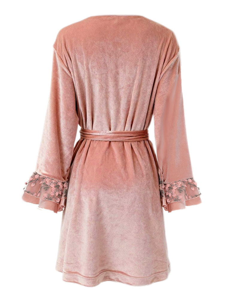 Rosa 1980er Blumen Cuff Samt Gürtel Robe